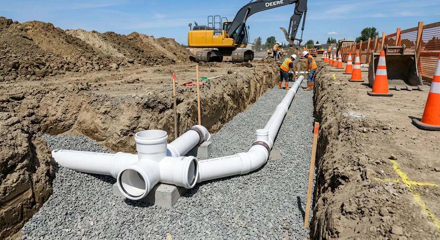 New PVC sewer pipe installation in open trench for Sewer Backup in Calimesa