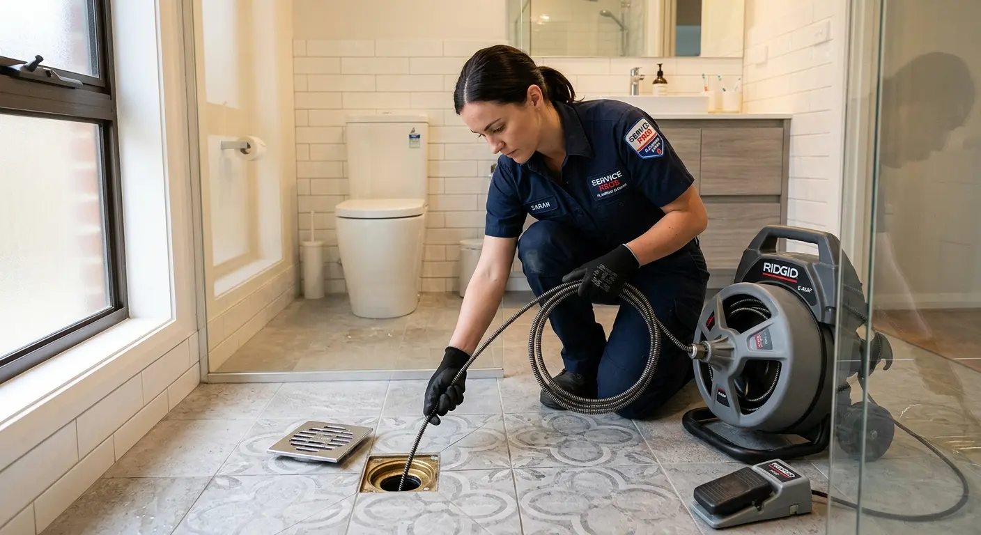 Technician clearing a bathroom floor drain for Hydro Jetting in Calimesa